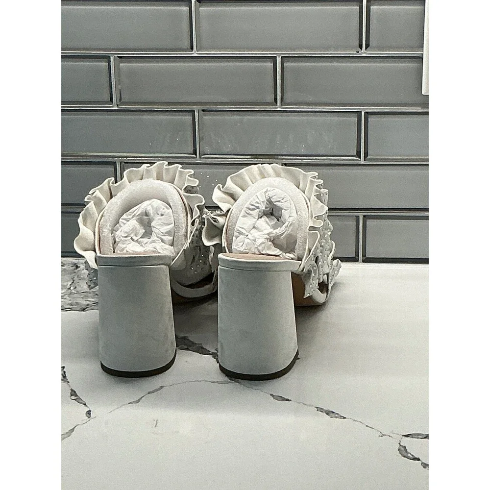 Charles David Royals White‎ Ruffled Embellished Block Heel Mules Size 9.5 M